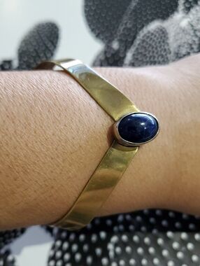 Gold Tone Bracelet Dark Blue Stone Simple Minimalist Mixed Metals Brutalist